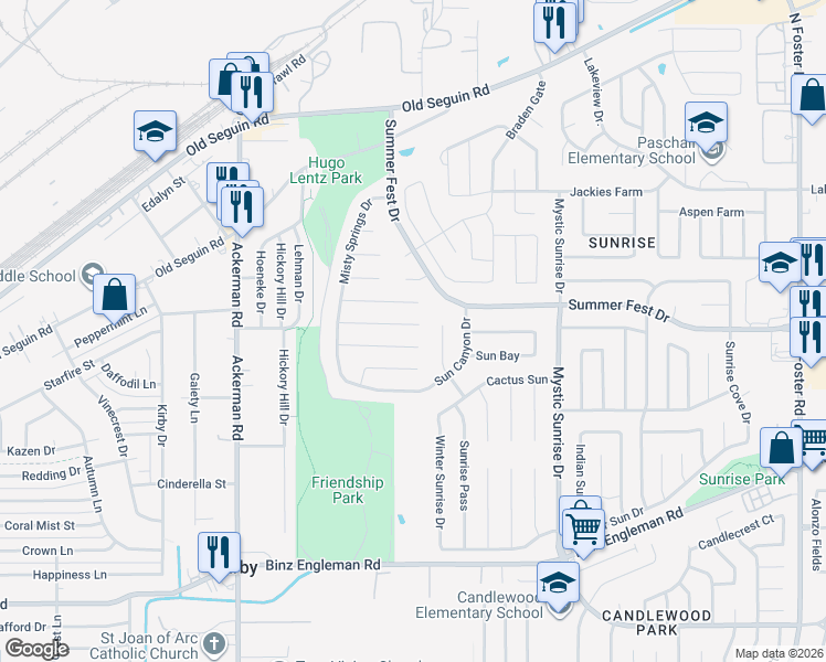 map of restaurants, bars, coffee shops, grocery stores, and more near 5758 Country Sun Drive in San Antonio