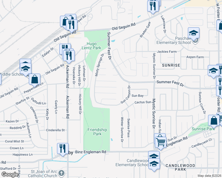 map of restaurants, bars, coffee shops, grocery stores, and more near 5758 Country Sun Drive in San Antonio