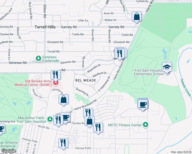 map of restaurants, bars, coffee shops, grocery stores, and more near 130 East Brandon in San Antonio