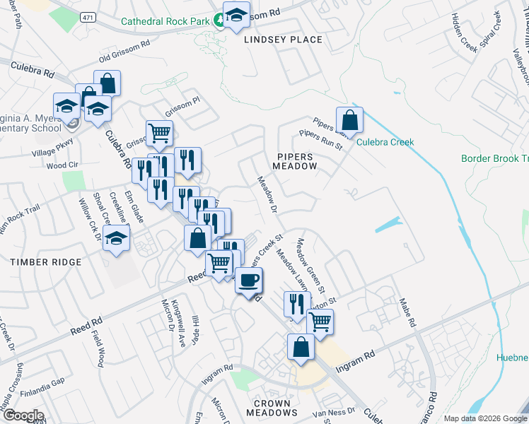 map of restaurants, bars, coffee shops, grocery stores, and more near 3710 Pipers Cross Street in San Antonio