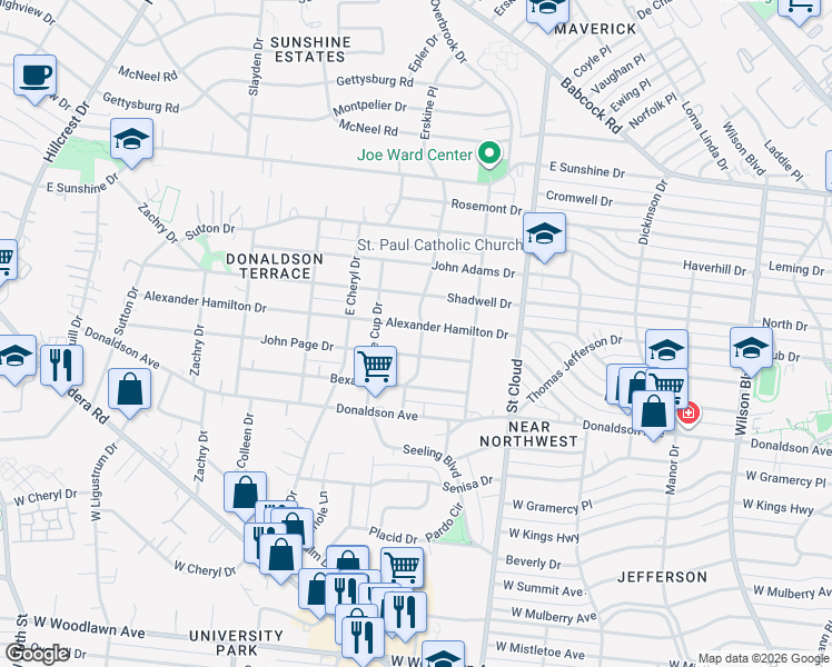 map of restaurants, bars, coffee shops, grocery stores, and more near 702 Alexander Hamilton Drive in San Antonio