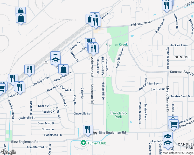 map of restaurants, bars, coffee shops, grocery stores, and more near 5514 Harris Road in San Antonio