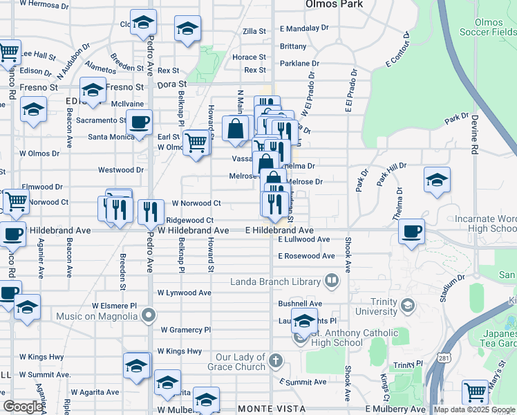 map of restaurants, bars, coffee shops, grocery stores, and more near 126 East Norwood Court in San Antonio