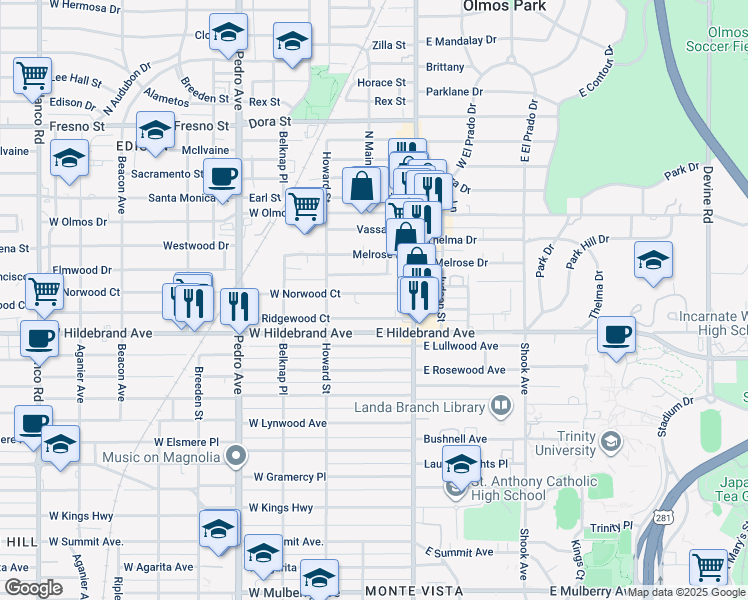 map of restaurants, bars, coffee shops, grocery stores, and more near 126 East Norwood Court in San Antonio