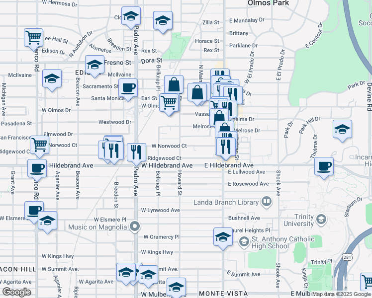 map of restaurants, bars, coffee shops, grocery stores, and more near 114 West Norwood Court in San Antonio