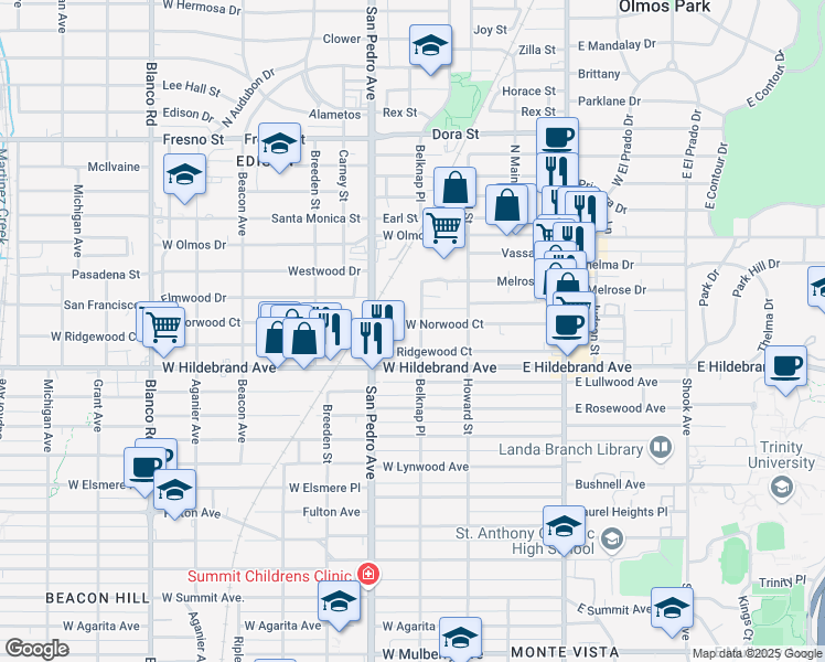 map of restaurants, bars, coffee shops, grocery stores, and more near 2121 Belknap Place in San Antonio