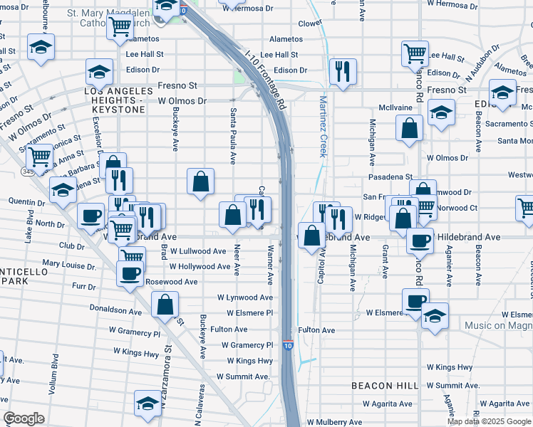 map of restaurants, bars, coffee shops, grocery stores, and more near 1334 West Ridgewood Court in San Antonio
