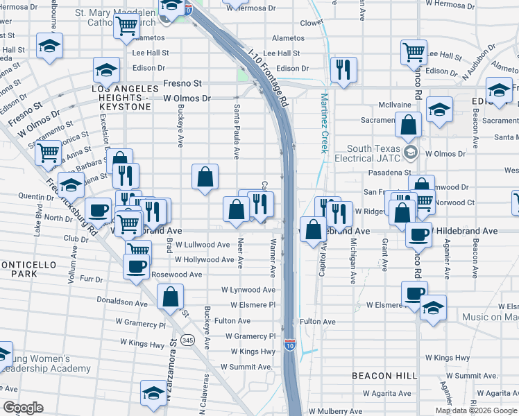 map of restaurants, bars, coffee shops, grocery stores, and more near 1334 West Ridgewood Court in San Antonio