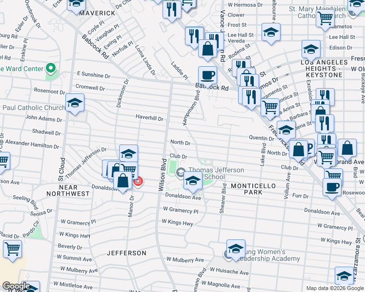 map of restaurants, bars, coffee shops, grocery stores, and more near 410 North Drive in San Antonio