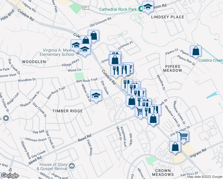 map of restaurants, bars, coffee shops, grocery stores, and more near 8230 Culebra Road in San Antonio