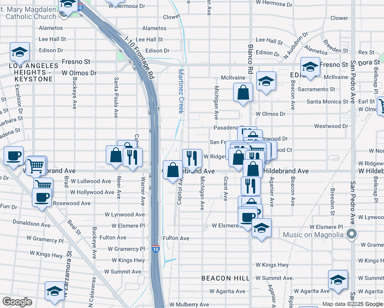 map of restaurants, bars, coffee shops, grocery stores, and more near 1122 West Ridgewood Court in San Antonio