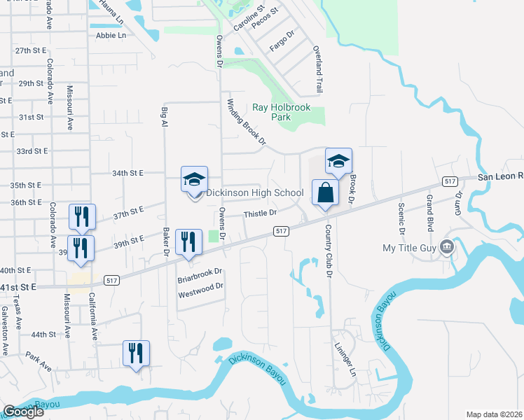 map of restaurants, bars, coffee shops, grocery stores, and more near 5426 Thistle Drive in Dickinson