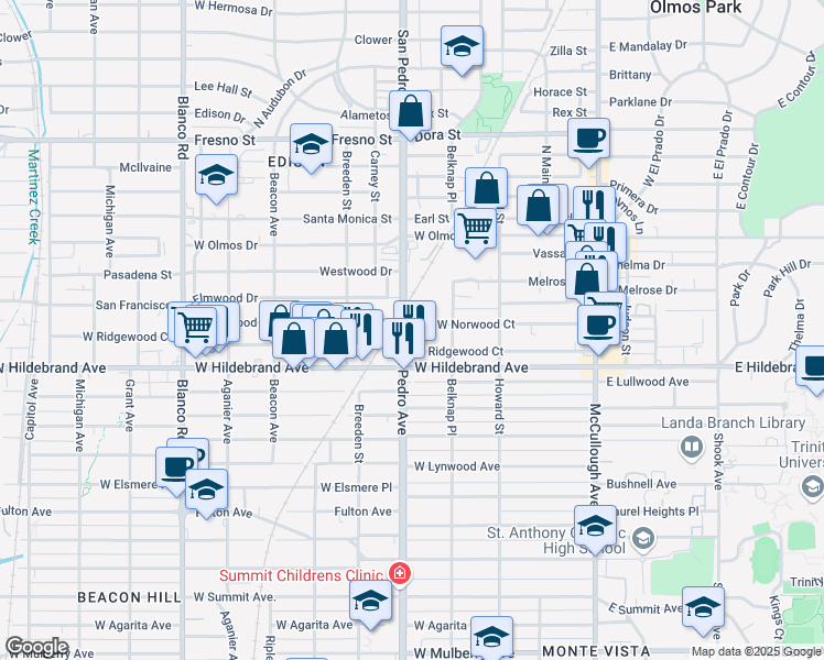 map of restaurants, bars, coffee shops, grocery stores, and more near 342 West Norwood Court in San Antonio