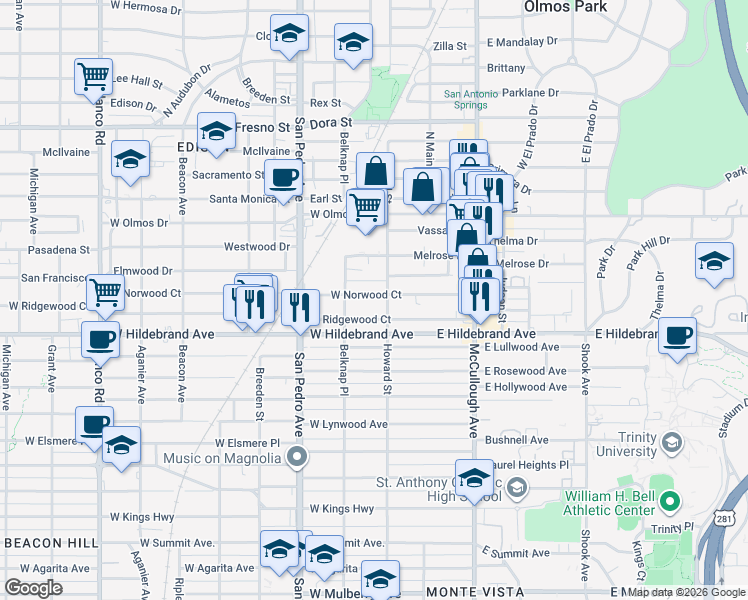 map of restaurants, bars, coffee shops, grocery stores, and more near 212 West Norwood Court in San Antonio