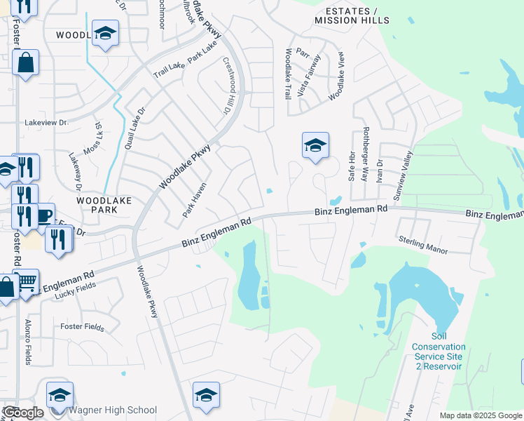 map of restaurants, bars, coffee shops, grocery stores, and more near 7414 Great Lakes Drive in San Antonio