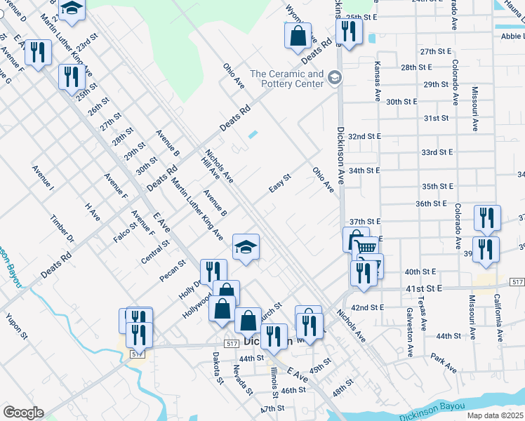 map of restaurants, bars, coffee shops, grocery stores, and more near 3618 Curry Lane in Dickinson