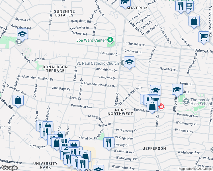 map of restaurants, bars, coffee shops, grocery stores, and more near 333 Alexander Hamilton in San Antonio