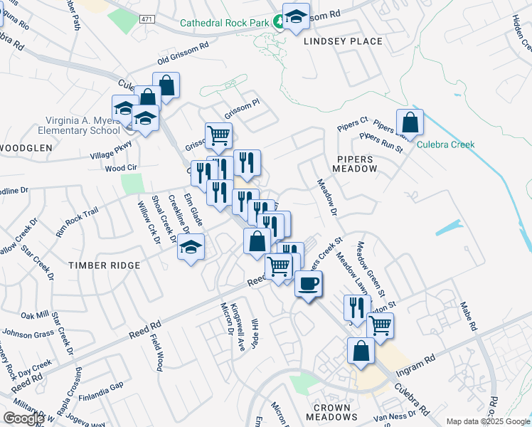 map of restaurants, bars, coffee shops, grocery stores, and more near 7919 Pipers Lane in San Antonio