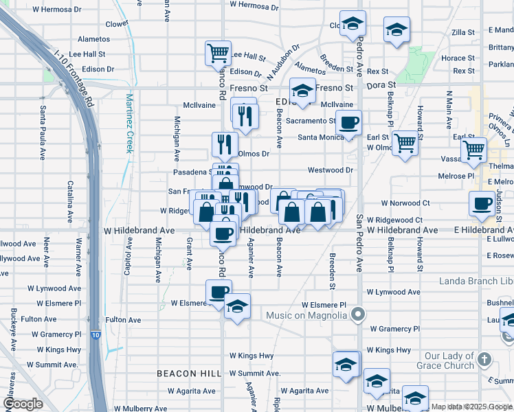 map of restaurants, bars, coffee shops, grocery stores, and more near 715 West Ridgewood Court in San Antonio