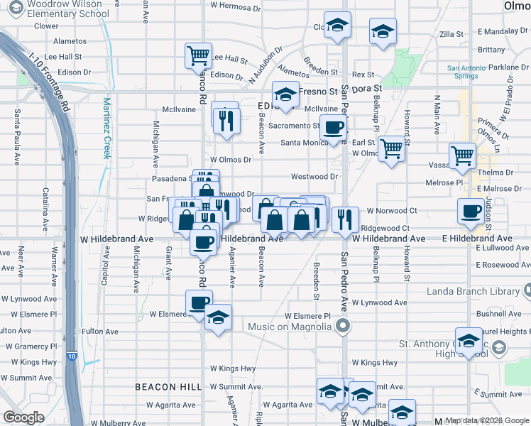 map of restaurants, bars, coffee shops, grocery stores, and more near 619 West Ridgewood Court in San Antonio