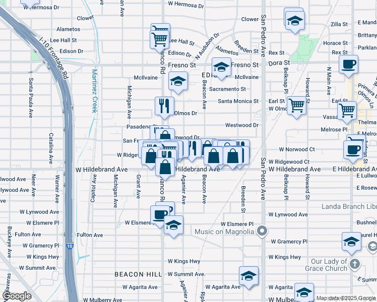 map of restaurants, bars, coffee shops, grocery stores, and more near 715 West Ridgewood Court in San Antonio