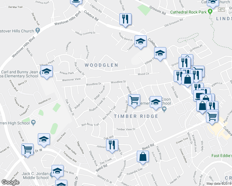 map of restaurants, bars, coffee shops, grocery stores, and more near 8402 Rimline Drive in San Antonio
