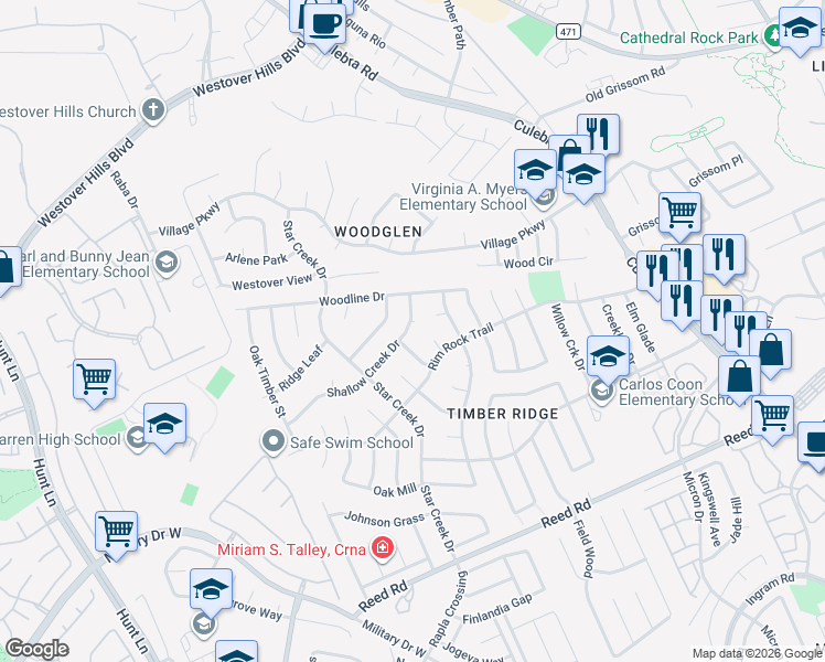 map of restaurants, bars, coffee shops, grocery stores, and more near 8402 Shallow Creek Drive in San Antonio