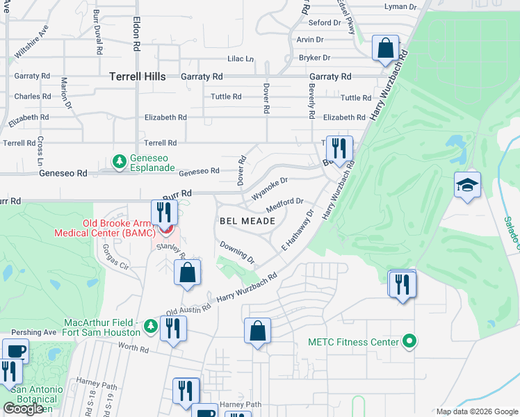 map of restaurants, bars, coffee shops, grocery stores, and more near 122 Medford Drive in San Antonio