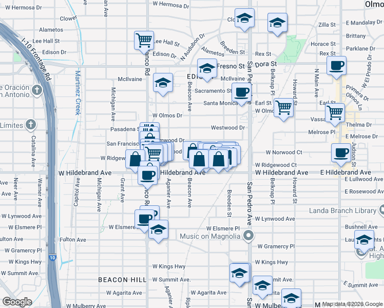 map of restaurants, bars, coffee shops, grocery stores, and more near 619 West Ridgewood Court in San Antonio