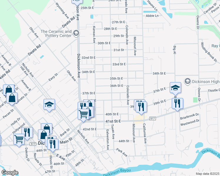 map of restaurants, bars, coffee shops, grocery stores, and more near 4501 37th Street East in Dickinson
