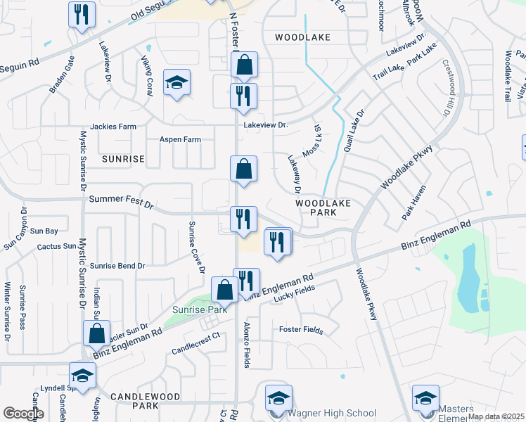 map of restaurants, bars, coffee shops, grocery stores, and more near 6604 Richland Place in San Antonio