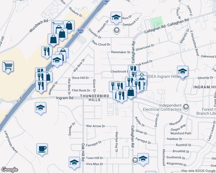 map of restaurants, bars, coffee shops, grocery stores, and more near 3503 Camino Real in San Antonio