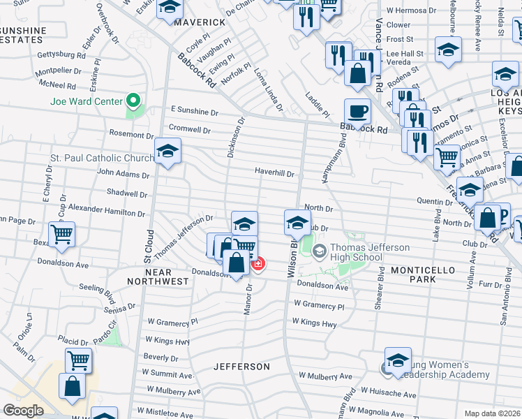 map of restaurants, bars, coffee shops, grocery stores, and more near 203 Thomas Jefferson Drive in San Antonio