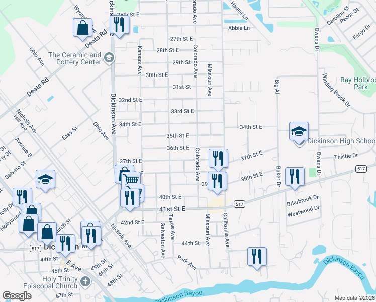 map of restaurants, bars, coffee shops, grocery stores, and more near 4706 36th Street East in Dickinson