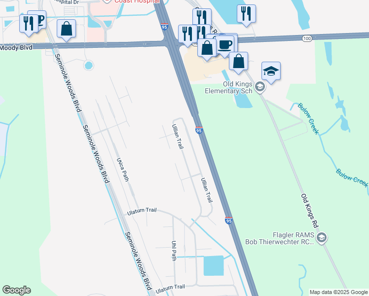 map of restaurants, bars, coffee shops, grocery stores, and more near 89 Ullian Trail in Palm Coast