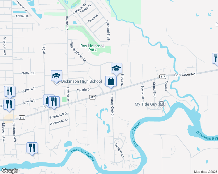 map of restaurants, bars, coffee shops, grocery stores, and more near 5601 FM 517 Road East in Dickinson