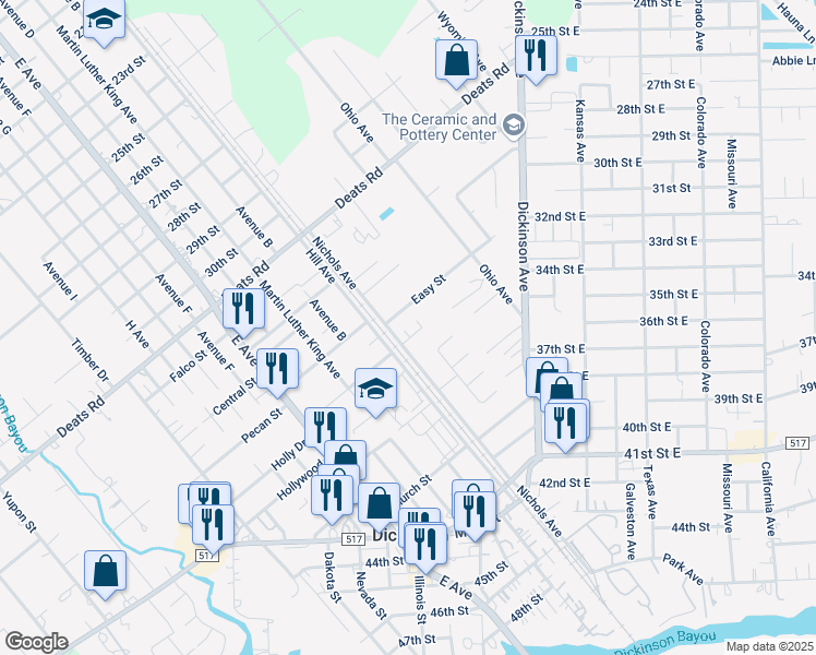 map of restaurants, bars, coffee shops, grocery stores, and more near 3618 Curry Lane in Dickinson
