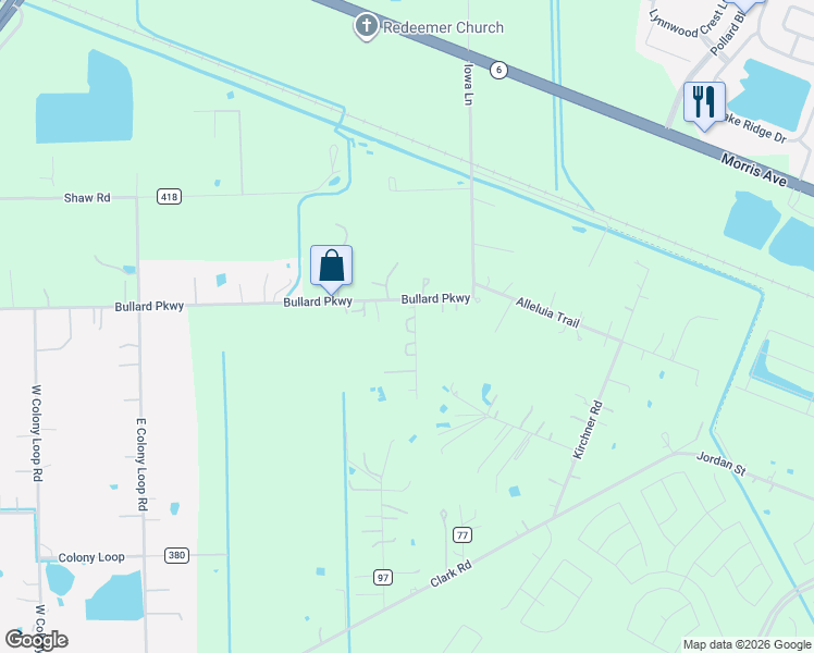 map of restaurants, bars, coffee shops, grocery stores, and more near 8030 Mason Road in Manvel