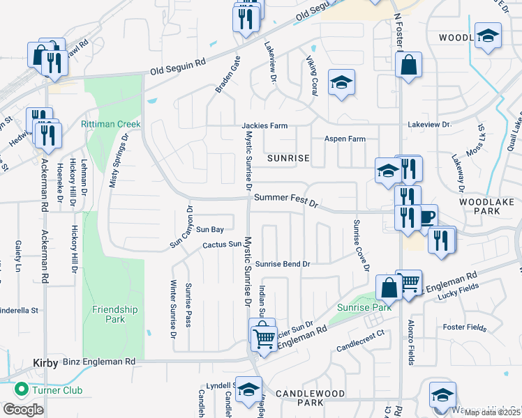 map of restaurants, bars, coffee shops, grocery stores, and more near 5902 Burning Sunrise Drive in San Antonio
