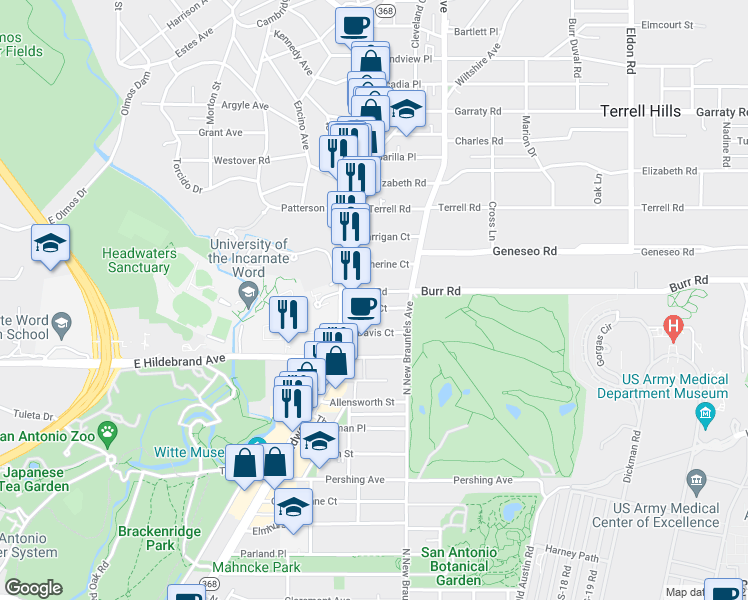 map of restaurants, bars, coffee shops, grocery stores, and more near 120 Perry Court in San Antonio