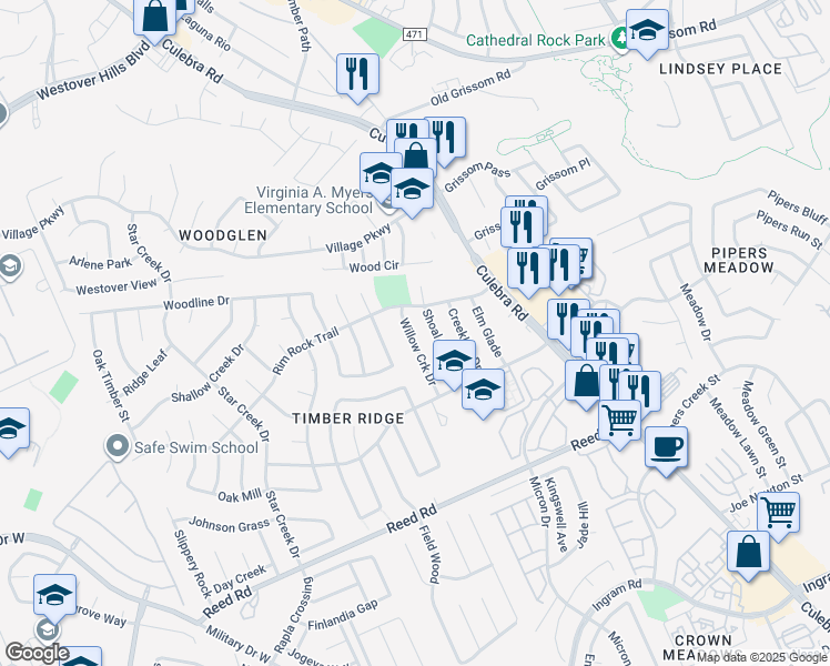 map of restaurants, bars, coffee shops, grocery stores, and more near 8338 Willow Creek Street in San Antonio