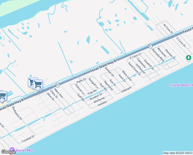 map of restaurants, bars, coffee shops, grocery stores, and more near 976 Seagull Lane in Bolivar Peninsula