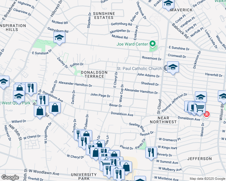 map of restaurants, bars, coffee shops, grocery stores, and more near 707 John Page Drive in San Antonio