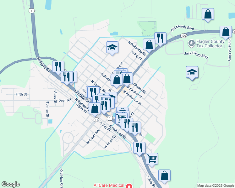 map of restaurants, bars, coffee shops, grocery stores, and more near 101 South Moore Street in Bunnell