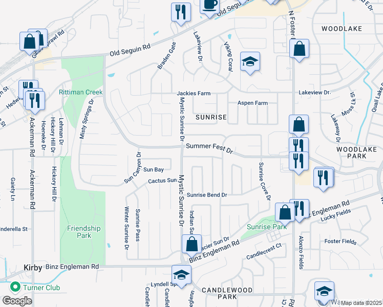 map of restaurants, bars, coffee shops, grocery stores, and more near 5902 Burning Sunrise Drive in San Antonio