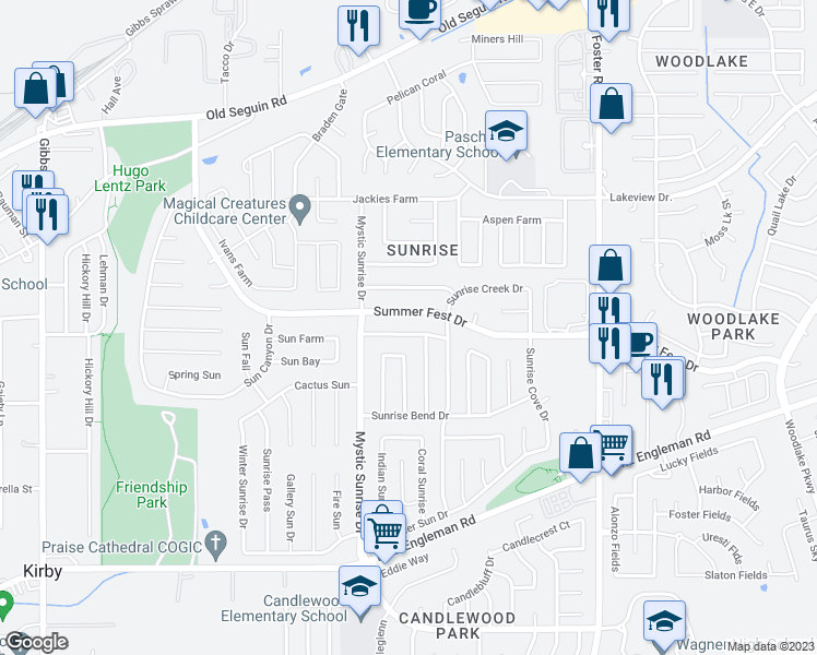 map of restaurants, bars, coffee shops, grocery stores, and more near 5953 Burning Sunrise Drive in San Antonio