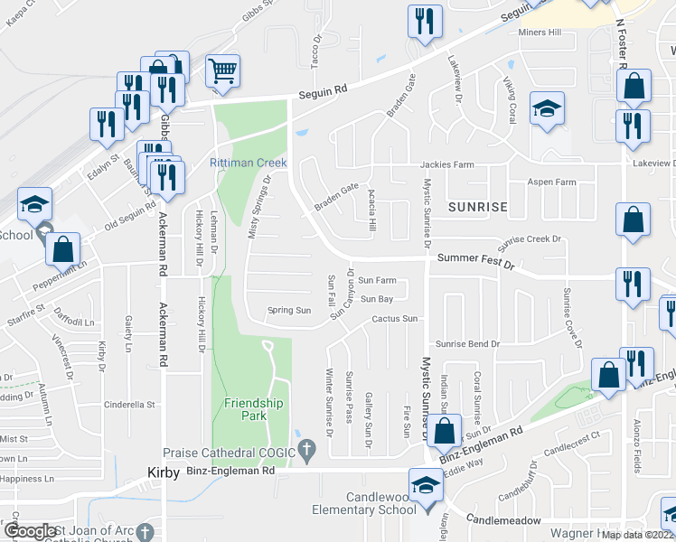 map of restaurants, bars, coffee shops, grocery stores, and more near 4338 Sun Falls Drive in San Antonio
