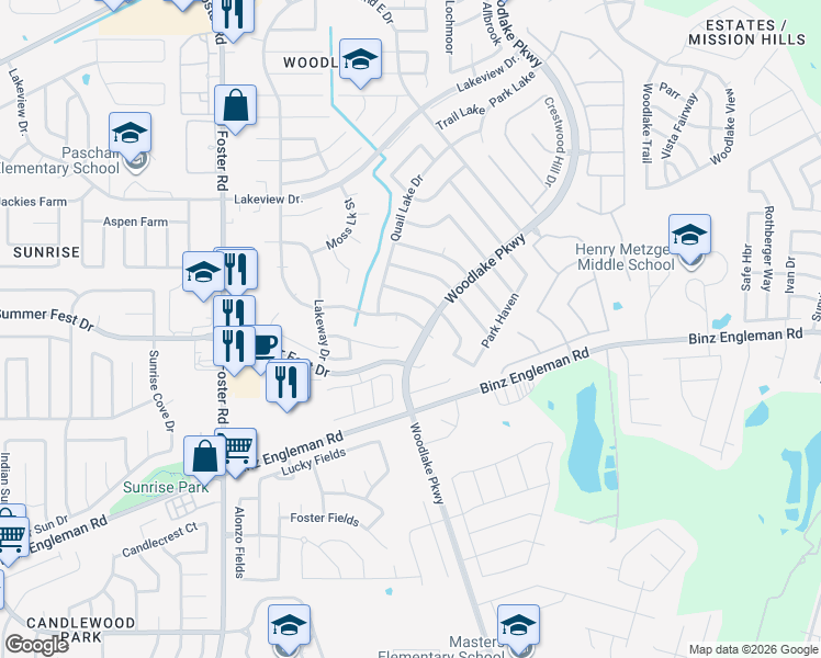 map of restaurants, bars, coffee shops, grocery stores, and more near 5107 Woodlake Point in San Antonio