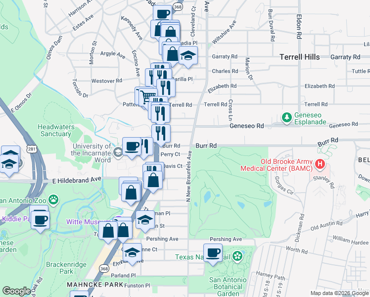 map of restaurants, bars, coffee shops, grocery stores, and more near 146 Perry Court in San Antonio