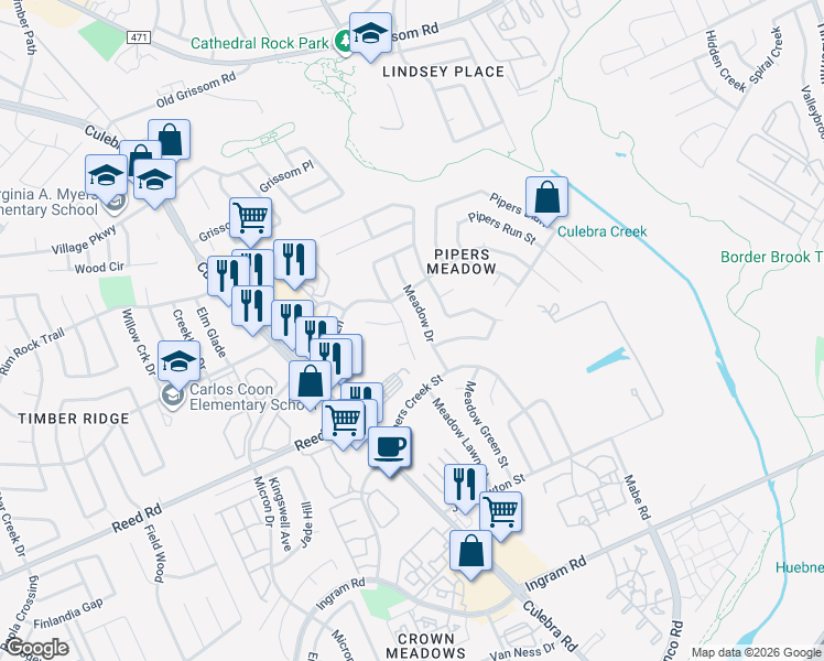 map of restaurants, bars, coffee shops, grocery stores, and more near 3710 Pipers Cross Street in San Antonio